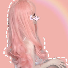 Long Pink Wavy Wig with Bangs for Women (Full Cap)