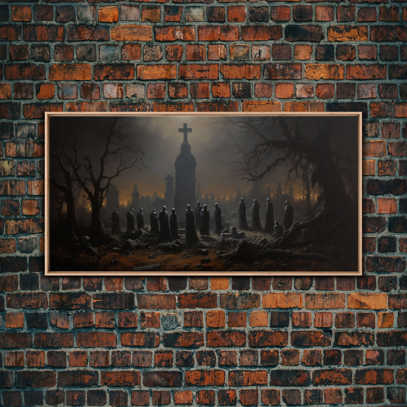 The Haunted Cemetery, Moody and Gloomy Art, Framed Canvas or Poster, Victorian Oil Painting, Dark Academia, Graveyard At Midnight