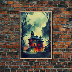 Spooky Watercolor of a Haunted House, Halloween Art, Framed Canvas Print, Ready To Hang Framed Wall Art, Living Room Wall Decor