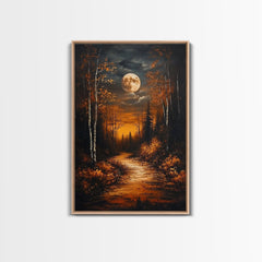 Full Moon Over The Haunted Forest, Framed Canvas Print, Wood Framed Wall Art, Dark Academia Witchy Decor, Moody Home Decor