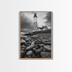 Lighthouse Shore Rocks, Coastal Beacon, Moody Clouds, Framed Canvas Print, Nautical Wall Art, Rustic Beach House Decor, Fall Storm Style