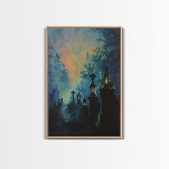 Haunted Cemetery Framed Canvas Print, Halloween Wall Art, Gothic Graveyard Art, Spooky Lantern Decor, Cemetery Lights, Horror Home Decor