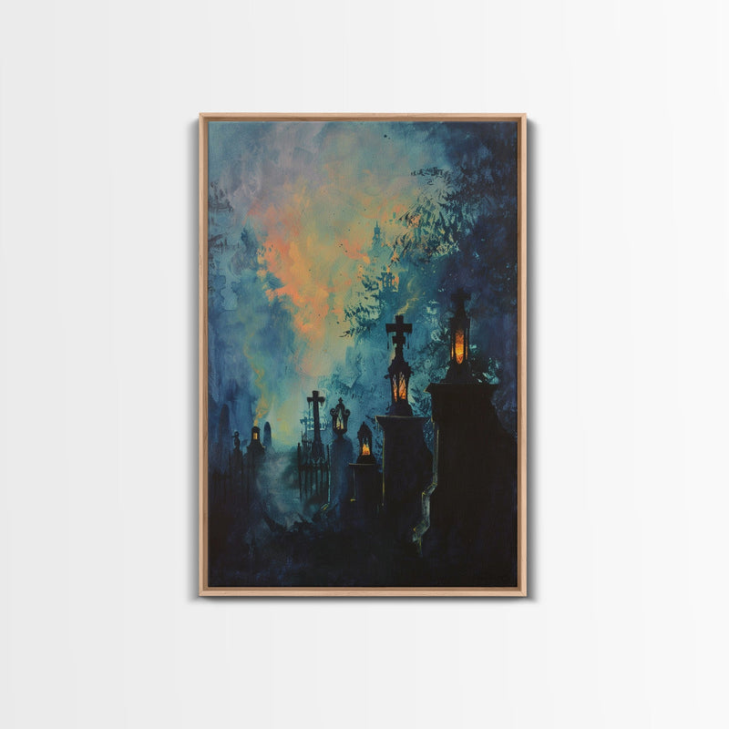 Haunted Cemetery Framed Canvas Print, Halloween Wall Art, Gothic Graveyard Art, Spooky Lantern Decor, Cemetery Lights, Horror Home Decor