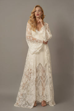 Chantilly Lace Long Robe with Silky Satin Lace Nightgown - next day shipping