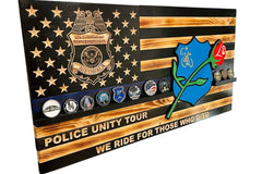 Custom Wooden Challenge Coin Display Flag with Engraved Badge