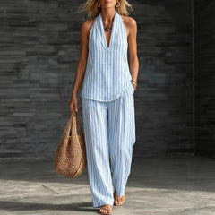 Women's Striped Sleeveless Top & Wide-Leg Pants Set – Fashionable 2-Piece
