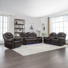 3 Pieces Recliner Sofa Sets Home Theater Seating Manual Recliner Chair With Center Console And LED Light Strip For Living Room