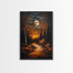 Full Moon Over The Haunted Forest, Framed Canvas Print, Wood Framed Wall Art, Dark Academia Witchy Decor, Moody Home Decor