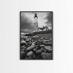 Lighthouse Shore Rocks, Coastal Beacon, Moody Clouds, Framed Canvas Print, Nautical Wall Art, Rustic Beach House Decor, Fall Storm Style