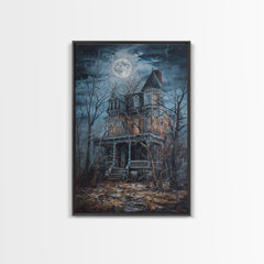 Abandoned House Under Moon Full Halloween Art, Spooky Mansion, Haunted Home, Creepy Decor, Gothic Artwork, Framed Canvas Print