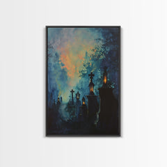 Haunted Cemetery Framed Canvas Print, Halloween Wall Art, Gothic Graveyard Art, Spooky Lantern Decor, Cemetery Lights, Horror Home Decor