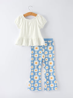 White Top And Daisy-Print Flared Pants Girl's Outfit