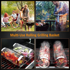 20cm/30cm BBQ Basket Stainless Cylindrical Rolling Grilling Baskets Portable Barbecue Rack For Grill For Fish Shrimp Meat Fries BBQ Grill Basket Rolling Grilling Basket Stainless Steel Grill Mesh Barbeque Grill Accessories