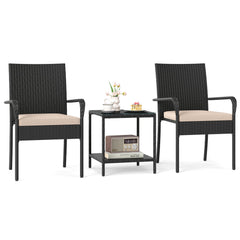 3 Piece Patio Furniture Set with Seat Cushions and Tempered Glass Tabletop