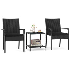3 Piece Patio Furniture Set with Seat Cushions and Tempered Glass Tabletop