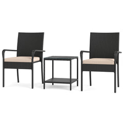 3 Piece Patio Furniture Set with Seat Cushions and Tempered Glass Tabletop