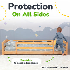 Twin Floor Bed with Safety Guardrails for Kids - Montessori Inspired