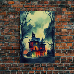 Spooky Watercolor of a Haunted House, Halloween Art, Framed Canvas Print, Ready To Hang Framed Wall Art, Living Room Wall Decor