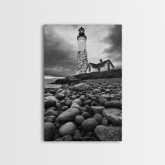 Lighthouse Shore Rocks, Coastal Beacon, Moody Clouds, Framed Canvas Print, Nautical Wall Art, Rustic Beach House Decor, Fall Storm Style