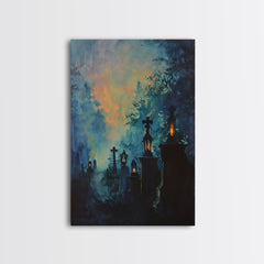 Haunted Cemetery Framed Canvas Print, Halloween Wall Art, Gothic Graveyard Art, Spooky Lantern Decor, Cemetery Lights, Horror Home Decor