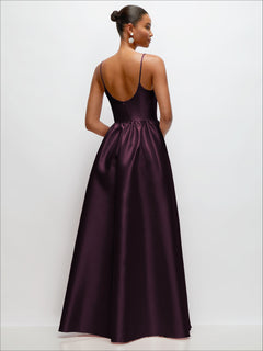 Scoop Neck Drop Basque Skirt Satin Maxi Dress with Pockets