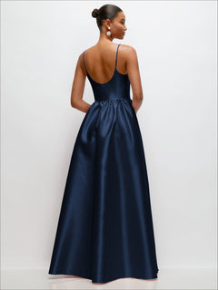 Scoop Neck Drop Basque Skirt Satin Maxi Dress with Pockets