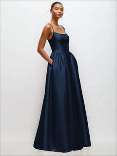 Scoop Neck Drop Basque Skirt Satin Maxi Dress with Pockets