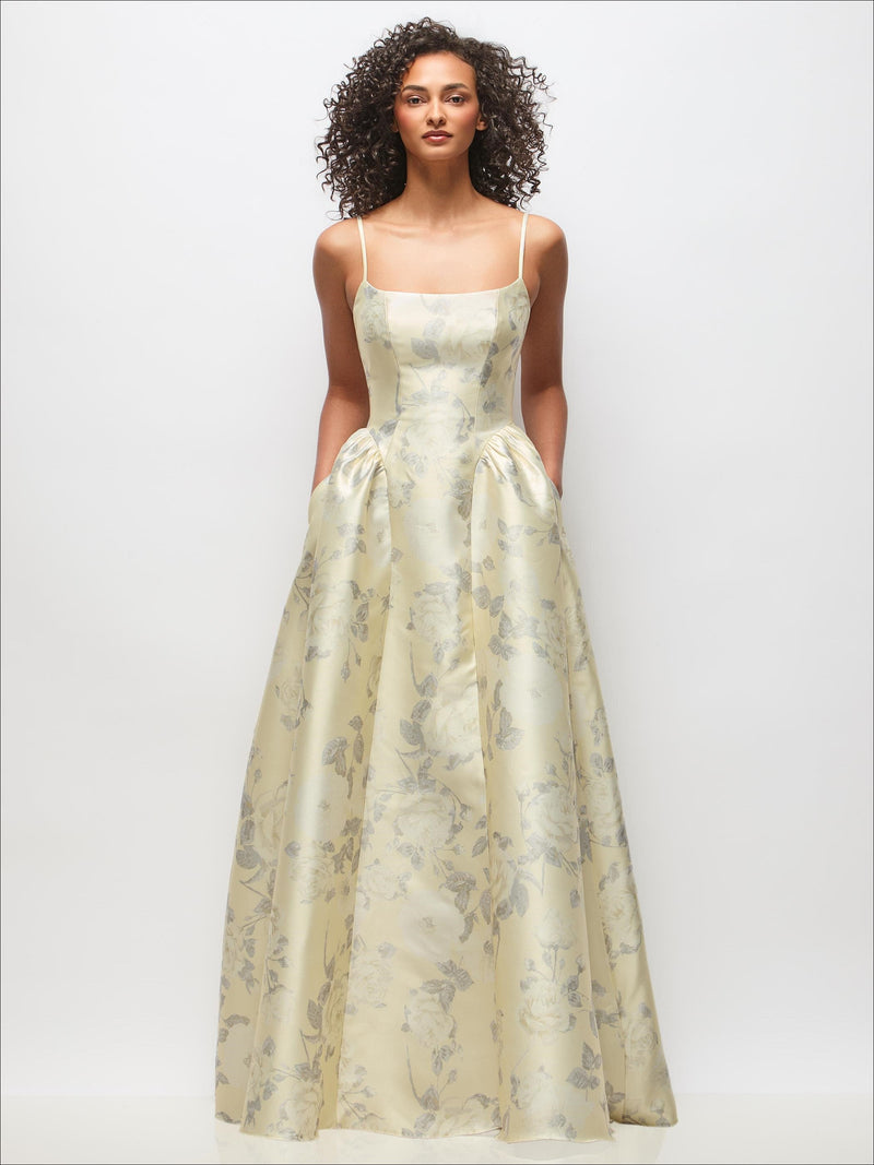 Scoop Neck Drop Basque Skirt Floral Satin Maxi Dress with Pockets