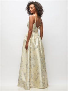 Scoop Neck Drop Basque Skirt Floral Satin Maxi Dress with Pockets