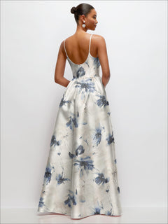 Scoop Neck Drop Basque Skirt Floral Satin Maxi Dress with Pockets