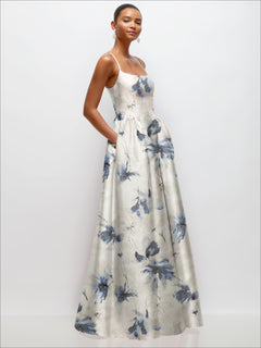 Scoop Neck Drop Basque Skirt Floral Satin Maxi Dress with Pockets