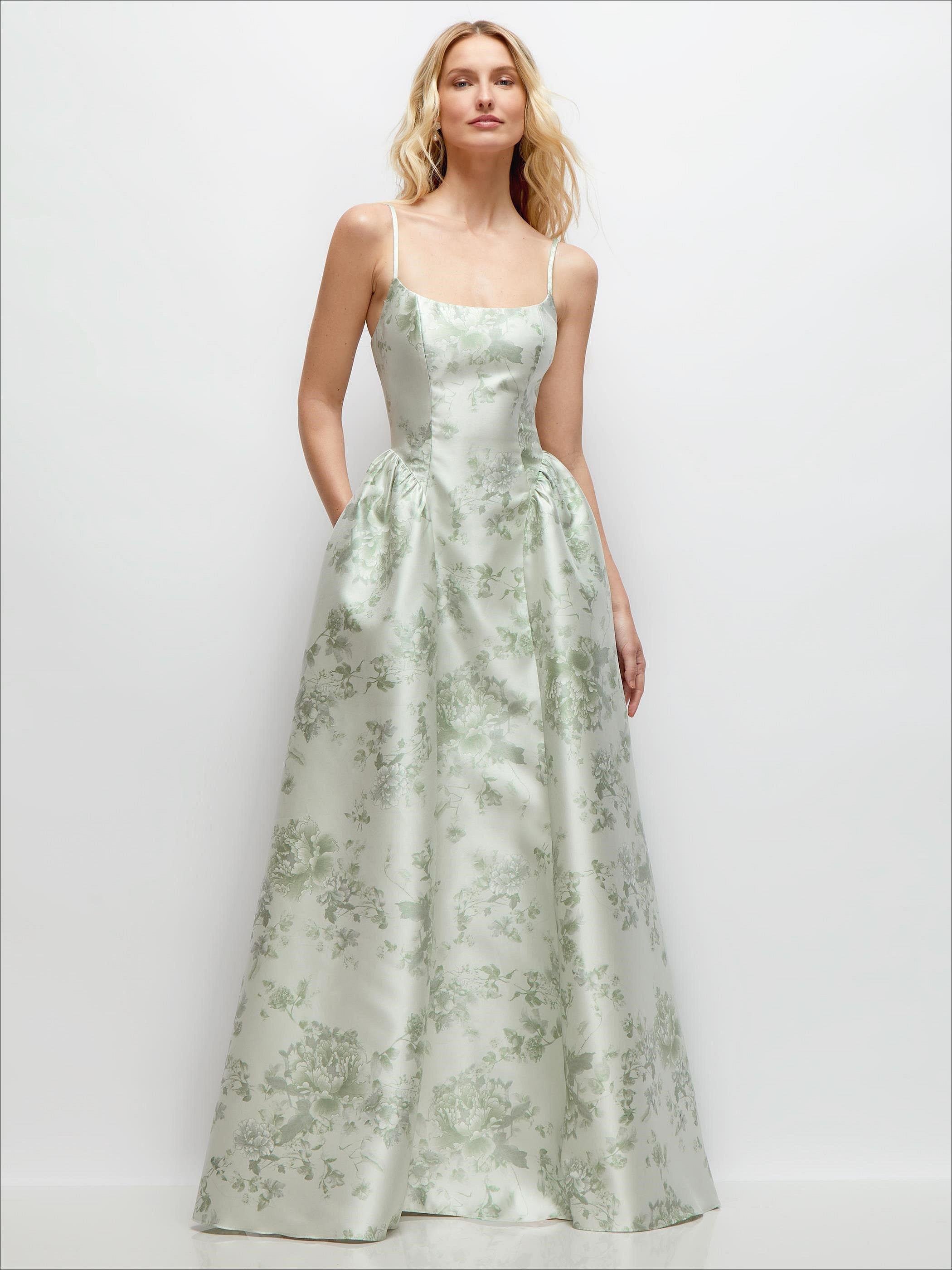 Scoop Neck Drop Basque Skirt Floral Satin Maxi Dress with Pockets