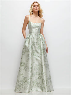Scoop Neck Drop Basque Skirt Floral Satin Maxi Dress with Pockets