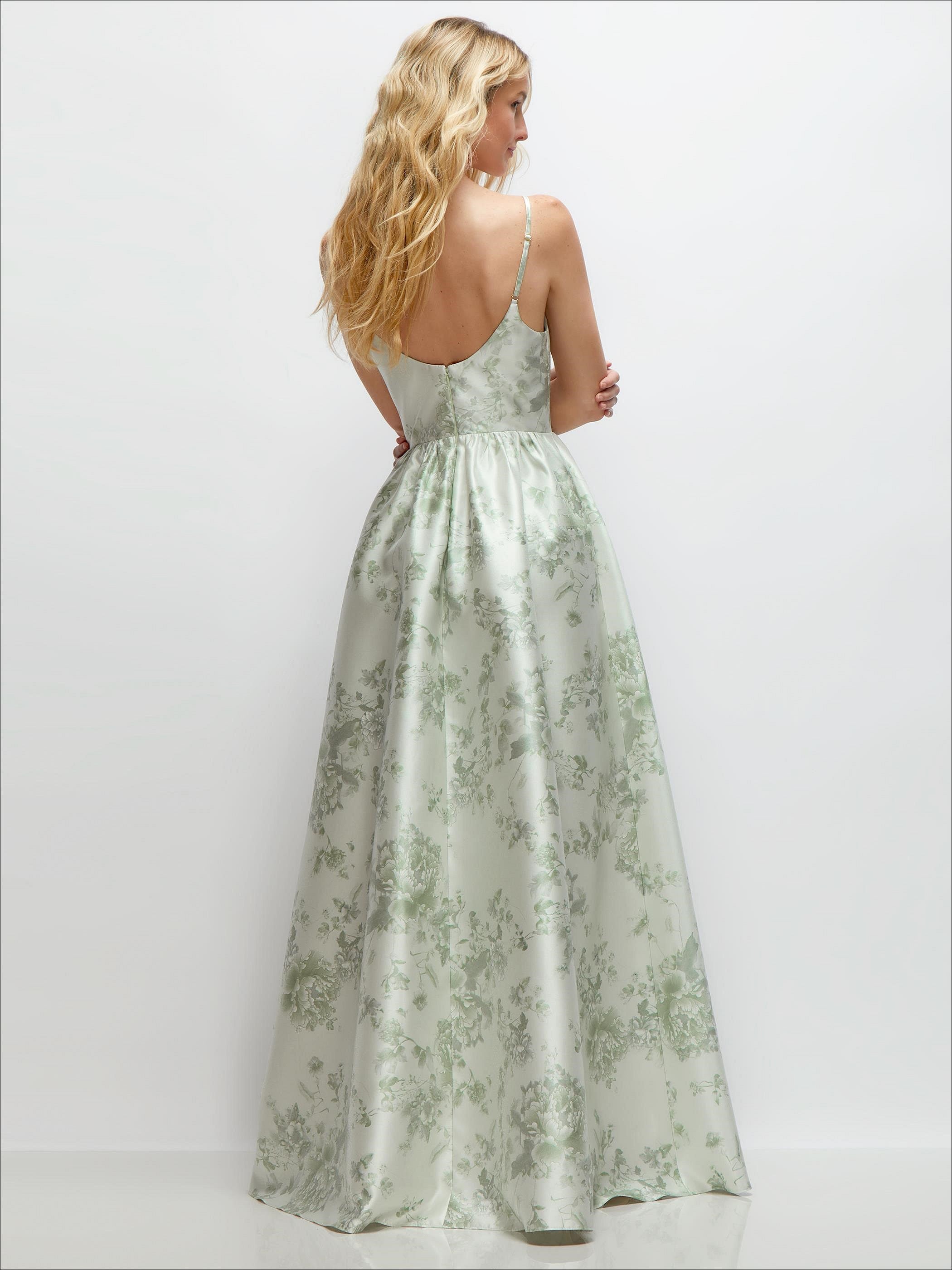 Scoop Neck Drop Basque Skirt Floral Satin Maxi Dress with Pockets