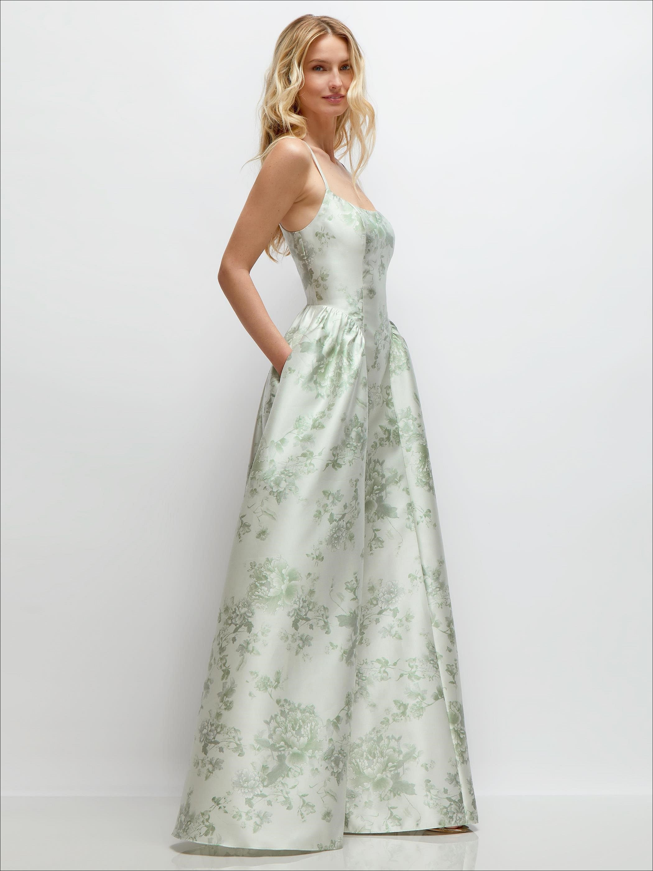 Scoop Neck Drop Basque Skirt Floral Satin Maxi Dress with Pockets