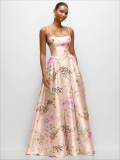 Scoop Neck Drop Basque Skirt Floral Satin Maxi Dress with Pockets