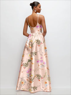 Scoop Neck Drop Basque Skirt Floral Satin Maxi Dress with Pockets