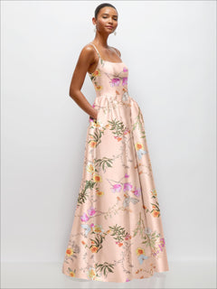 Scoop Neck Drop Basque Skirt Floral Satin Maxi Dress with Pockets