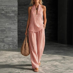 Women's Striped Sleeveless Top & Wide-Leg Pants Set – Fashionable 2-Piece