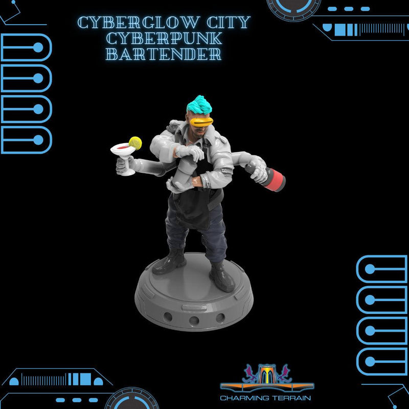 3D Printed Cyberglow City Cyberpunk Bartender Miniature  - 28mm 32mm