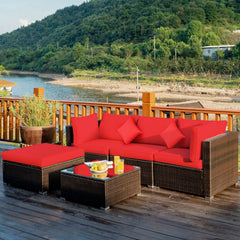 5 Pcs Outdoor Patio Rattan Furniture Set Sectional Conversation with Navy Cushions-Turquoise
