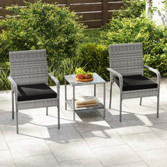 3 Piece Patio Furniture Set with Seat Cushions and Tempered Glass Tabletop for Balcony