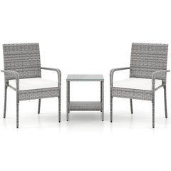 3 Piece Patio Furniture Set with Seat Cushions and Tempered Glass Tabletop for Balcony