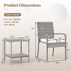3 Piece Patio Furniture Set with Seat Cushions and Tempered Glass Tabletop for Balcony