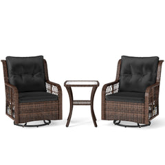 3 Pieces Patio Furniture Set PE Wicker Swivel Glider Chairs with 2-Tier Side Table and Cushions