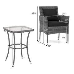 3 Pieces Patio Furniture Set with Cushioned Patio Chairs and Tempered Glass Coffee Table