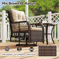 3 Pieces Patio Furniture Set PE Wicker Swivel Glider Chairs with 2-Tier Side Table and Cushions