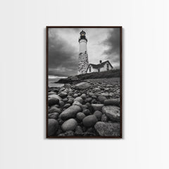 Lighthouse Shore Rocks, Coastal Beacon, Moody Clouds, Framed Canvas Print, Nautical Wall Art, Rustic Beach House Decor, Fall Storm Style
