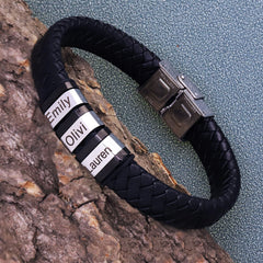 Men's Personalized Black Leather Name Bracelet