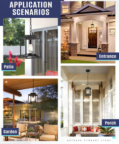 Brand New Osimir Outdoor Pendant Light for Porch, 1-Light Black Hanging Porch Light Modern Exterior Hanging Lantern with Cylinder Glass and Adjustable Chain for Gazebo, 2353/1H